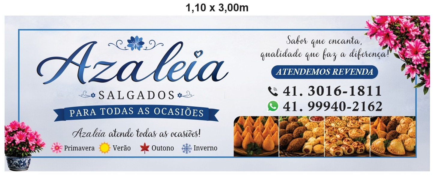 Banner da Azaleia Salgados: salgados para todas as ocasiões, com logo, flores de azaleia e contato